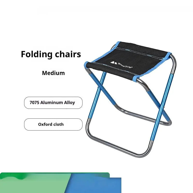 Black folding camping stool with aluminum alloy frame, shown in folded and unfolded positions.
