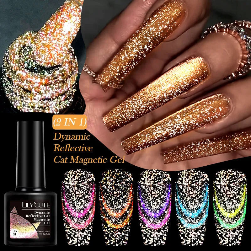 Cat eye effect nail polish gel bottle with diamond glitter in one of six colour styles