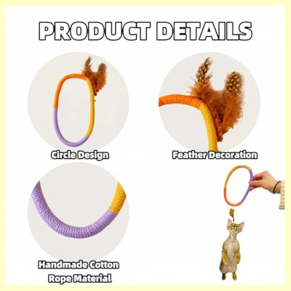 Circular green cotton rope cat toy with feathers and catnip for chewing and interactive play