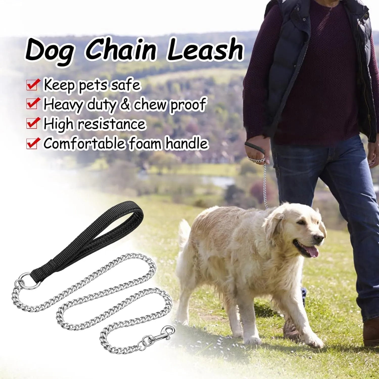 Heavy duty metal dog leash with chew proof chain and soft padded handle for large dogs