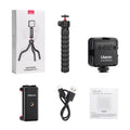 Smartphone mounted on an aluminium tripod with Bluetooth remote and cold shoe adapter for vlogging.