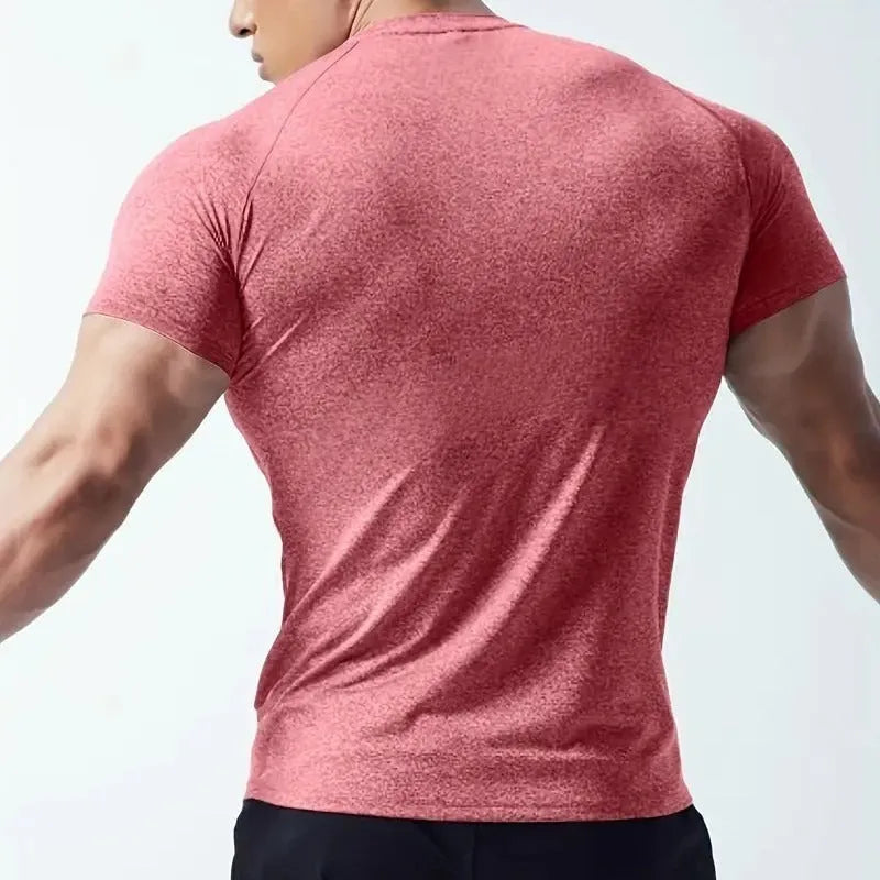 Men's grey quick-dry stretch casual short sleeve t-shirt on a hanger.