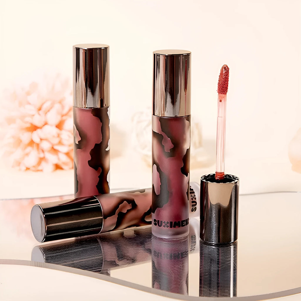 Lava Secret Matte Lip Mud Lipstick in five colours: Orange Brown Coffee, Cool Gray, Cinnamon Coffee, Jujube Red, Smoked Purple.