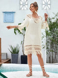 Apricot hand-crocheted acrylic beach dress with lining for women, free size