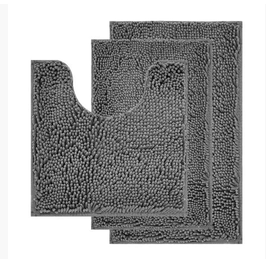 Chenille long hair three-piece bathroom carpet set with U-shaped toilet mat in green.