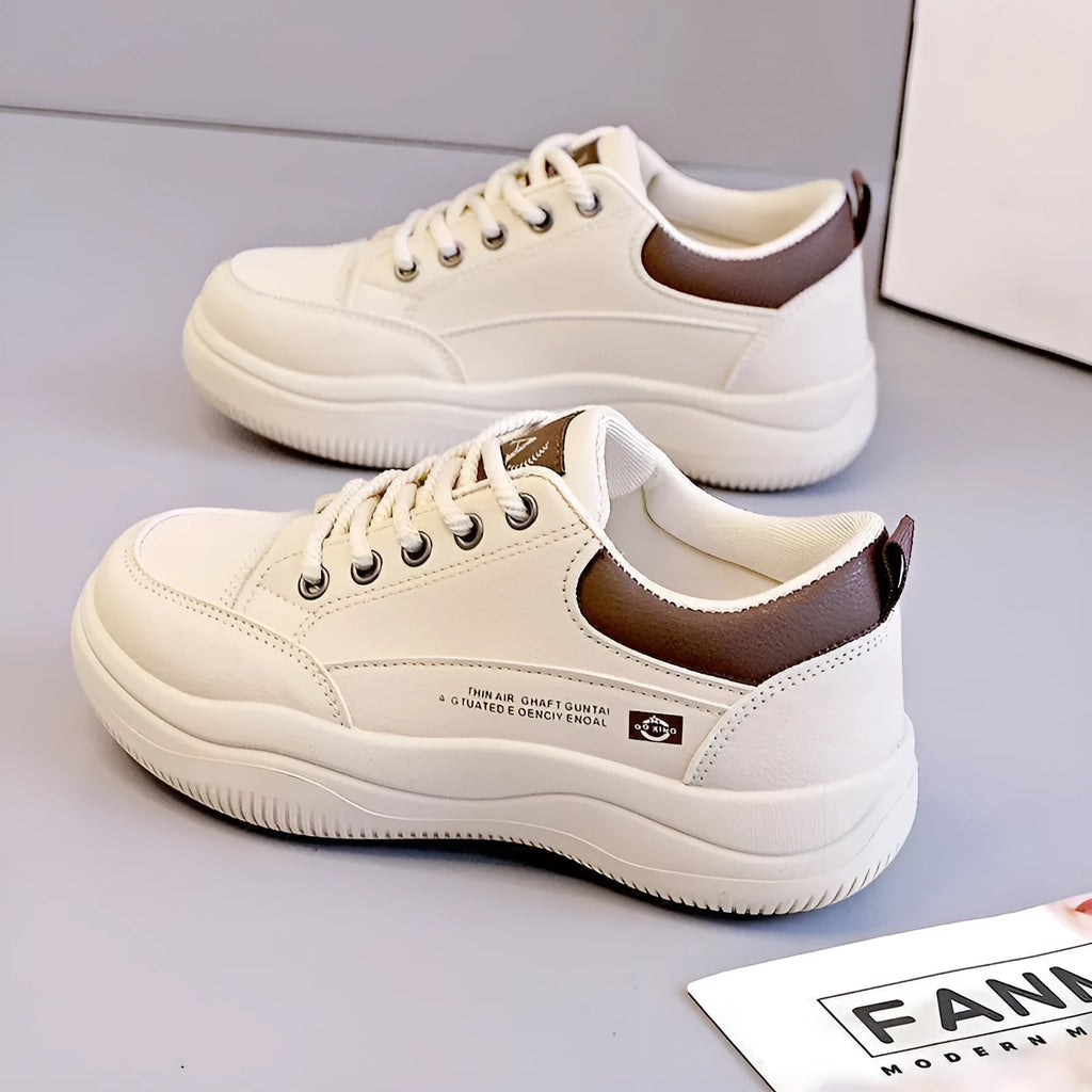 Women's Korean-style white pumps with cross straps and leather stitching on synthetic leather upper