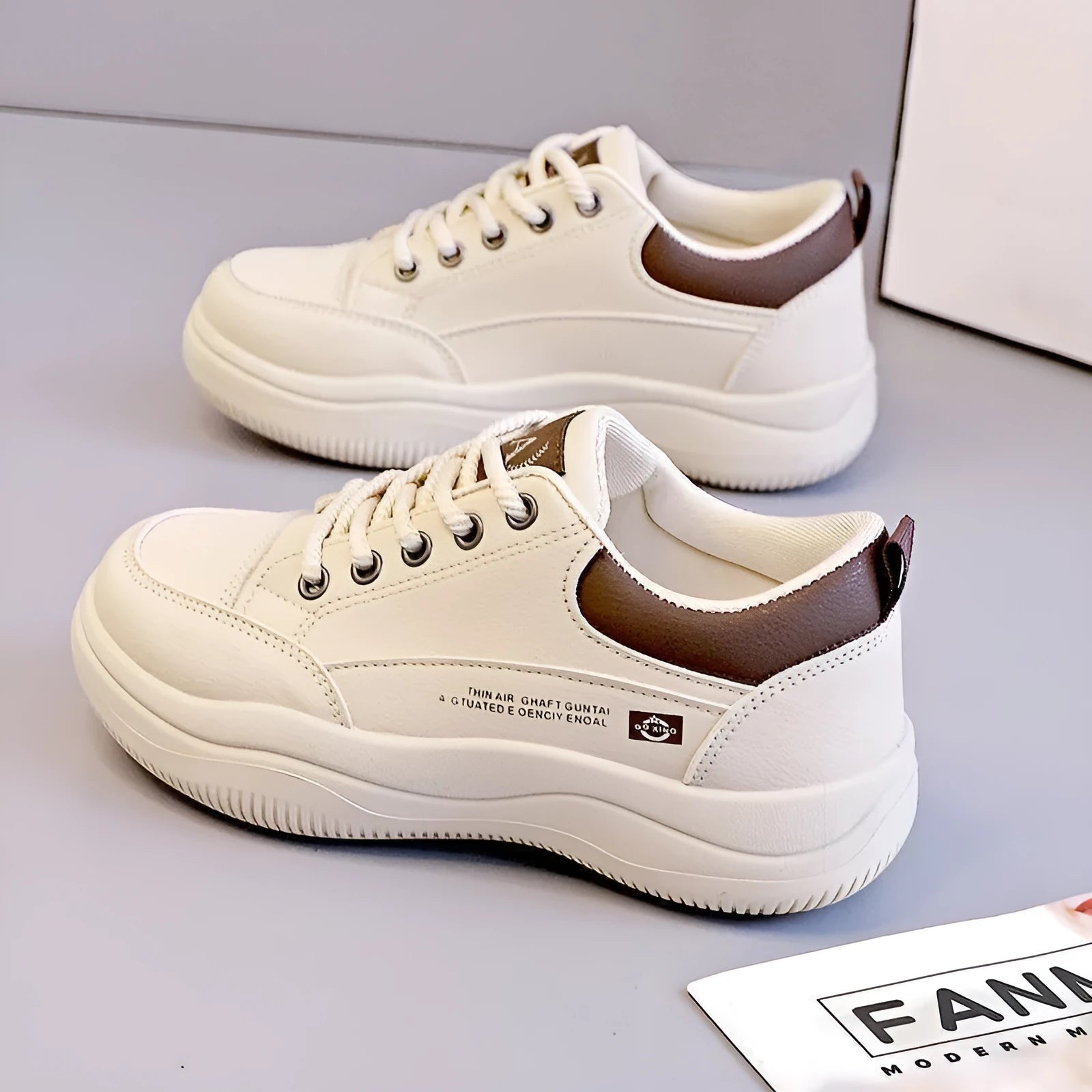 Women's Korean-style white pumps with cross straps and leather stitching on synthetic leather upper