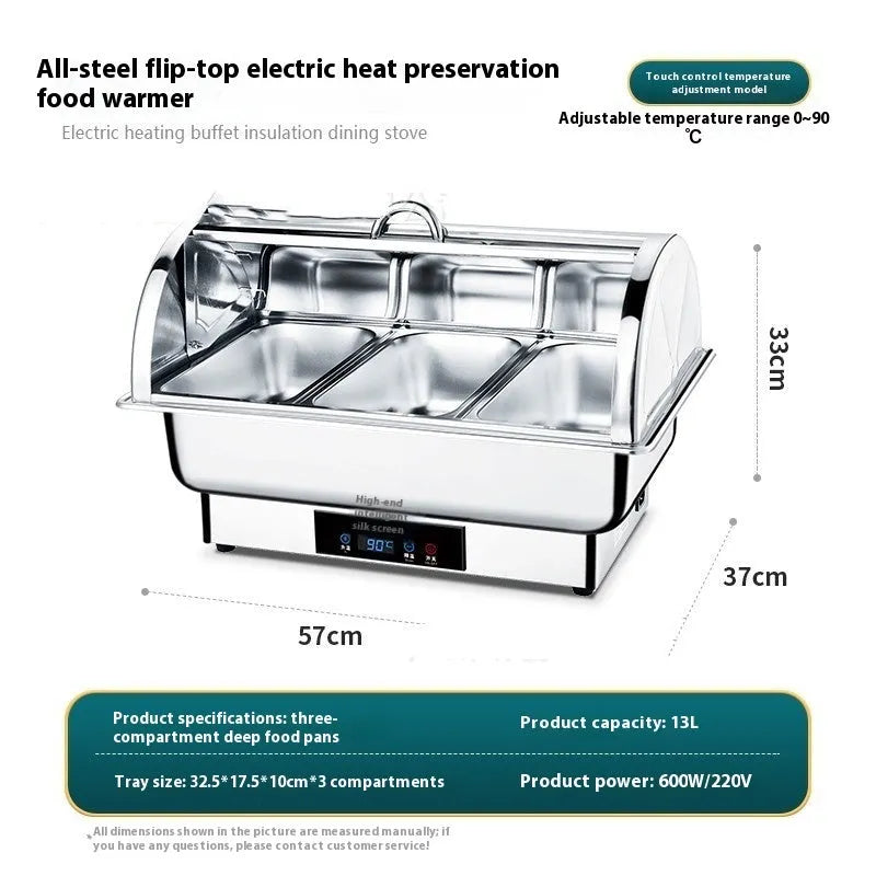 Stainless steel electric buffet stove with transparent flip lid and LCD temperature display