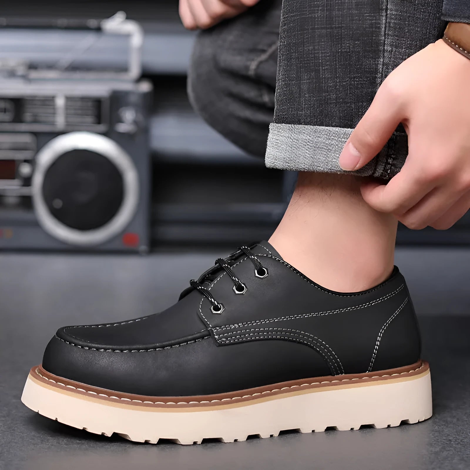 Men's black low-top Martin boots with a round toe and non-slip rubber sole on a plain background.