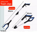 Foldable aluminium garbage clamp with extended silver rod and blue handle, showing magnet sucker attachment.
