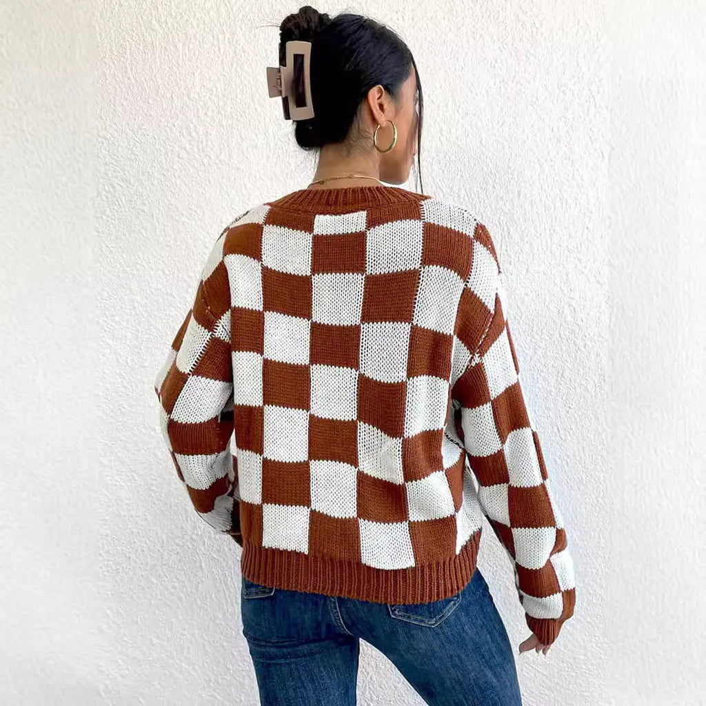 Dark brown plaid pattern acrylic loose fit sweater with long sleeves and round neck