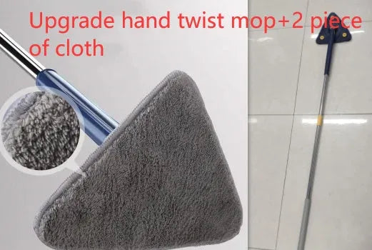 Extendable triangle mop with rotating blue head and stainless steel pole for cleaning corners and walls