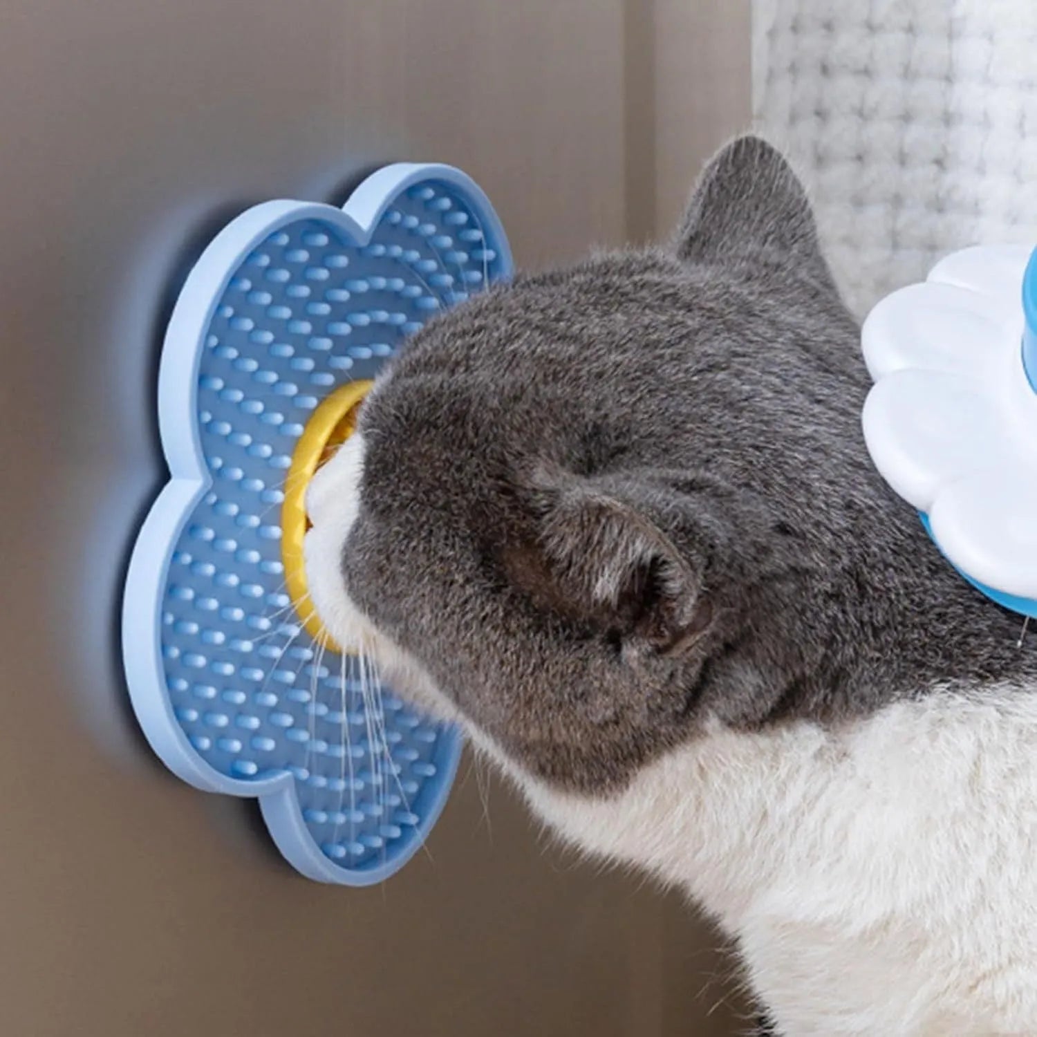 Flower-shaped silicone licking mat for pets with suction cups on the back, in a choice of colours.