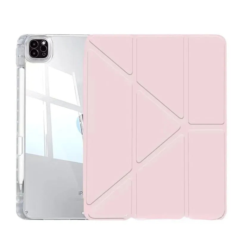 Transparent acrylic iPad screen cover with a fold-out stand, shown in pink on a tablet.