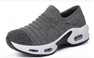 Plus size fly-knit socks shoes with mesh upper in multiple colour options showing round toe design