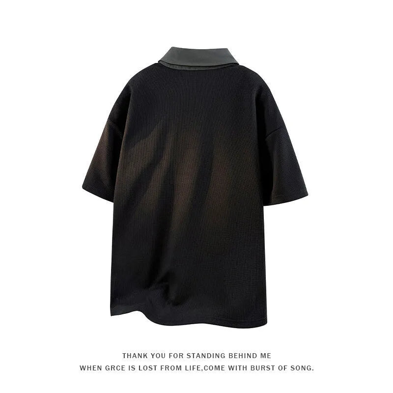 Men's heavy Henry collar polo shirt sweater in spandex with padding, shown in black and apricot colours