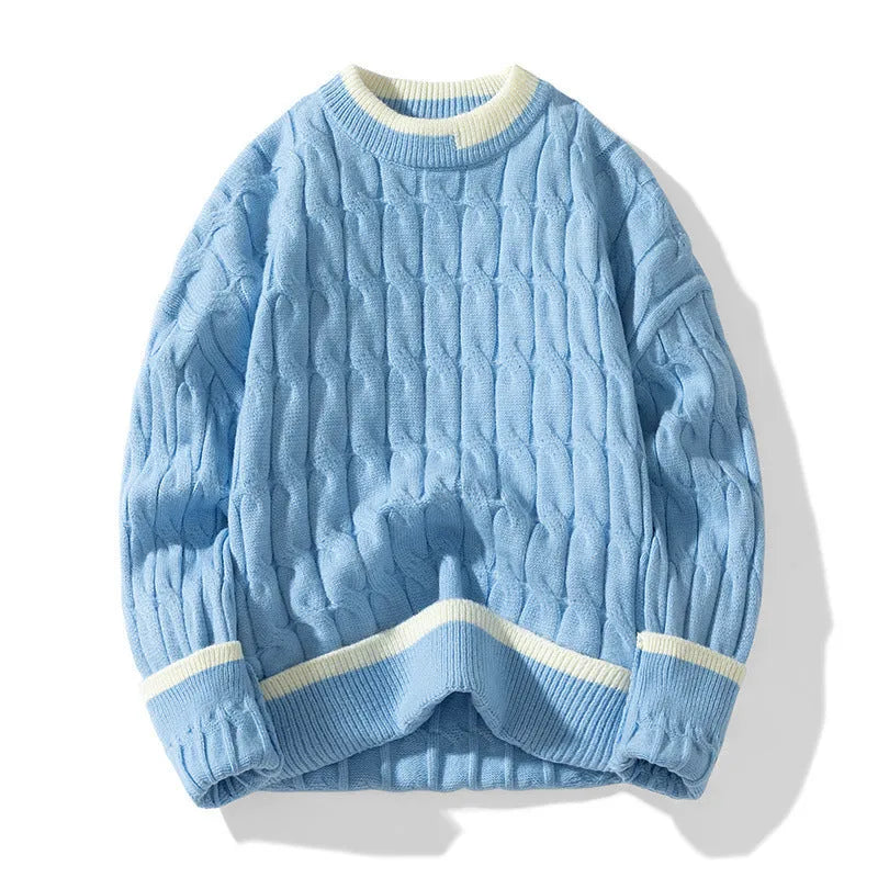 Man wearing a two-piece loose fit sweater in a sports style, showing the acrylic and modal fabric texture.