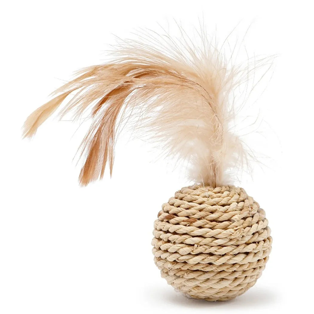 Two cat toys: hollow rattan ball and faux feather ball with bell on wooden floor