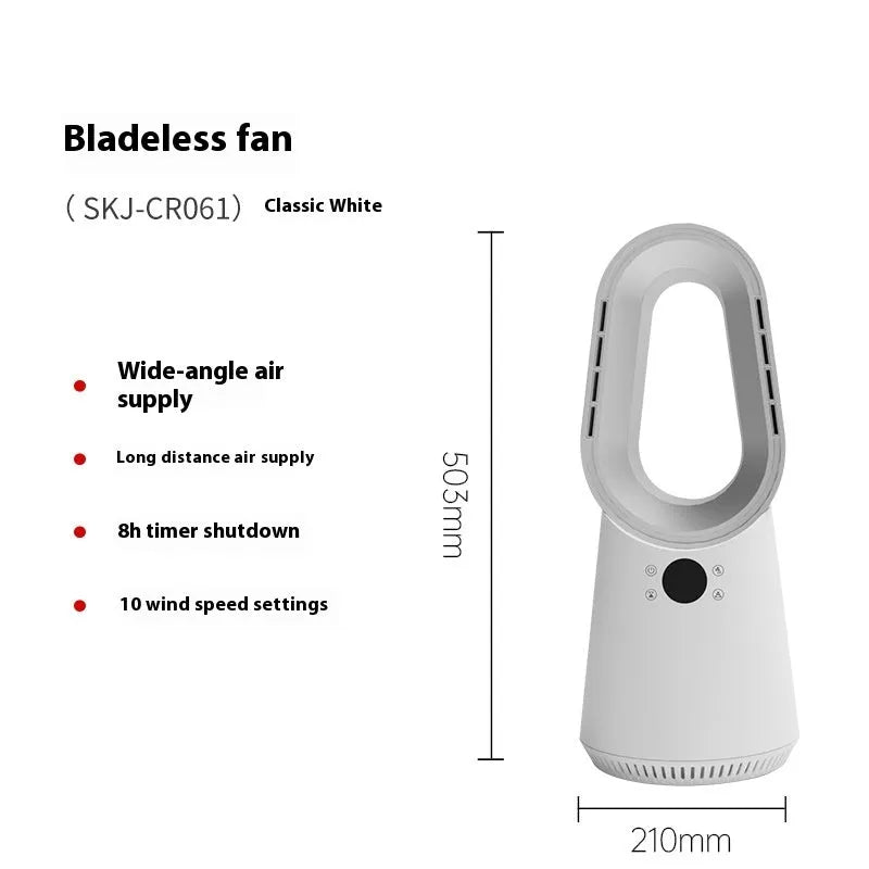 White bladeless tower fan with remote control on a wooden floor next to a desk.