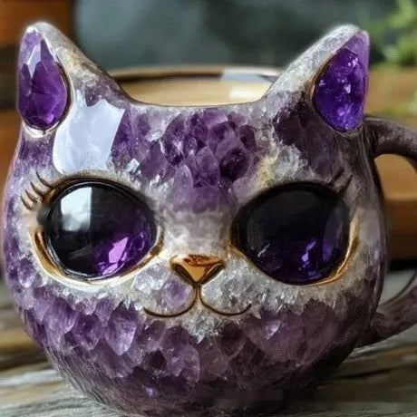 Purple geode mug shaped as hollow cat sculpture resin craft cup