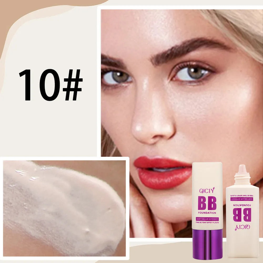 Feeding bottle of liquid foundation BB cream in one of ten available shades for brightening and concealing.