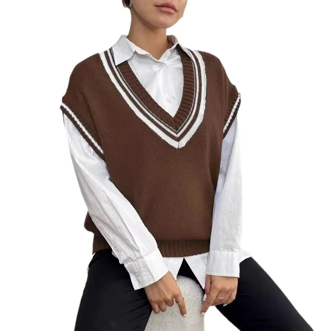 Women's college style wool vest sweater in loose pullover design available in blue coffee black colours