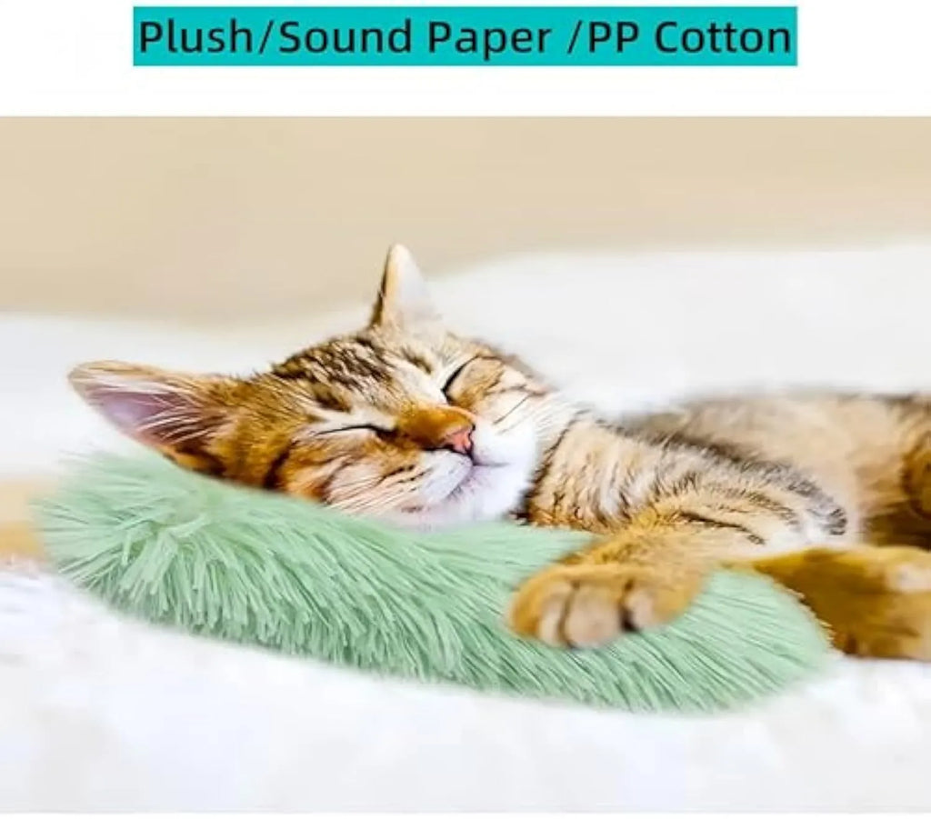 Soft plush interactive cat toy with catnip and crinkle sound feature in assorted colours.