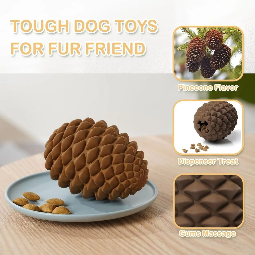 Natural rubber pine cone shaped dog chew toy with treat dispenser for large dogs