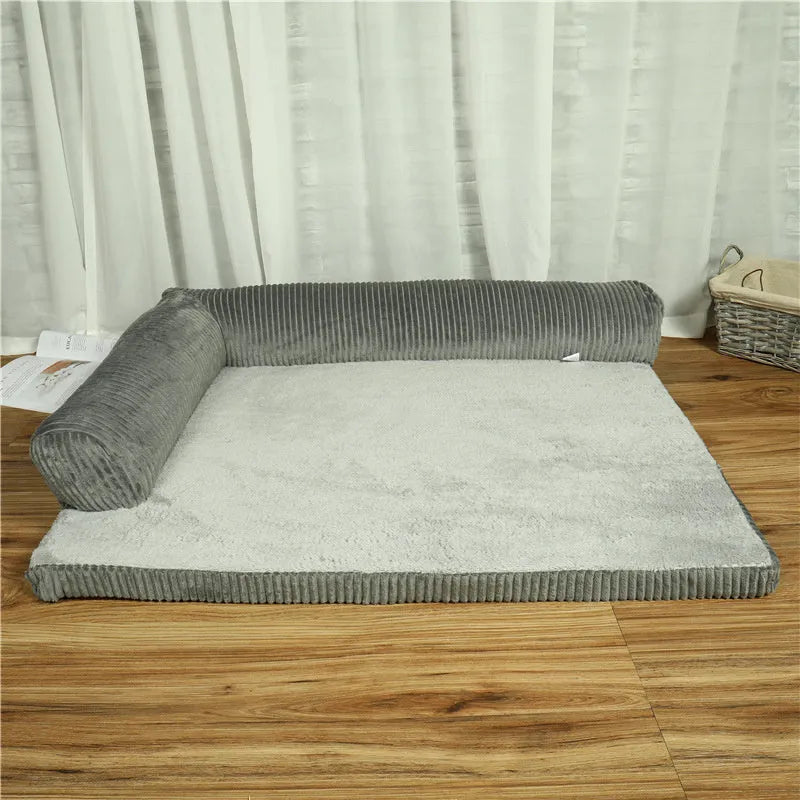 Corduroy dog bed sofa showing coffee colour option with non-slip base and four size variations