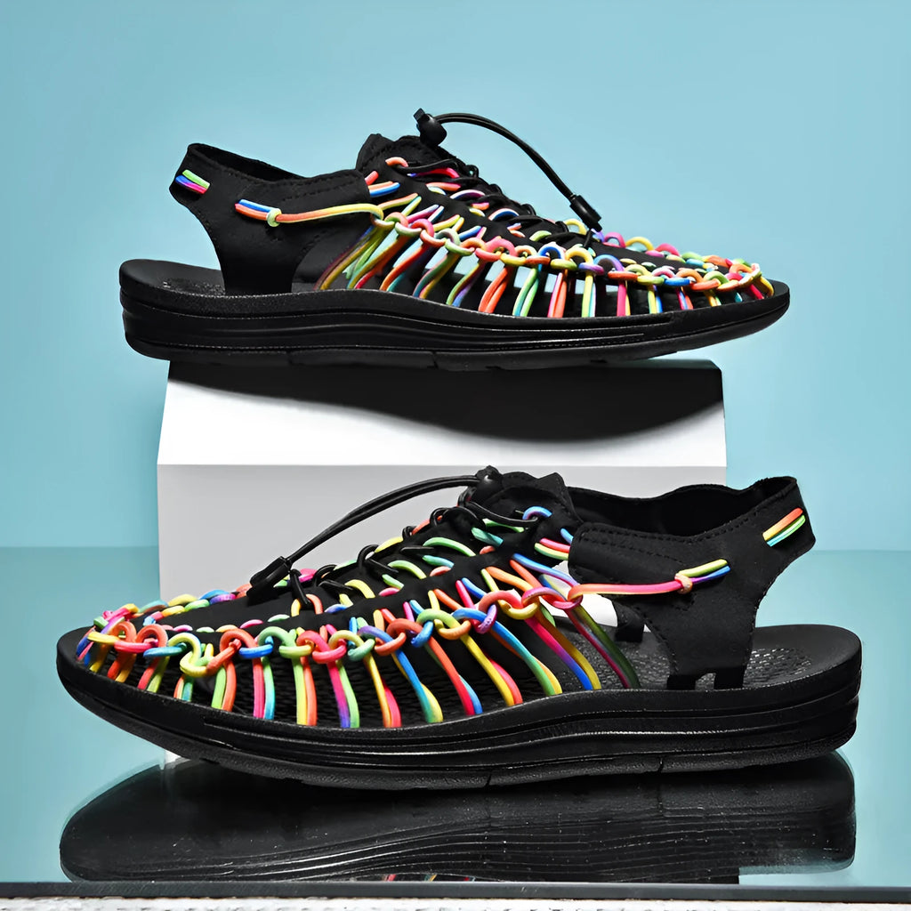 Woven sandals with elastic drawstring tie in rainbow colour with rubber sole