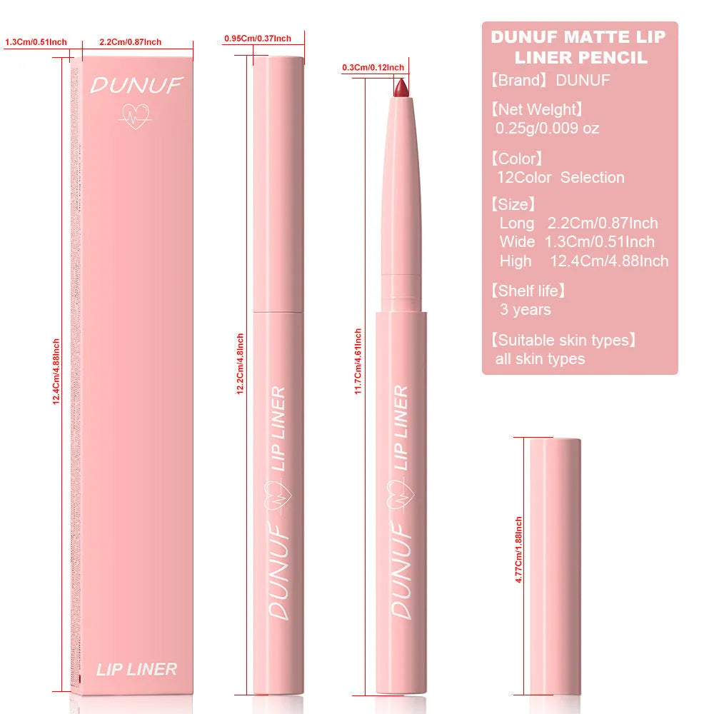 Velvet matte lip liner pencil in a display of 12 different colour shades.