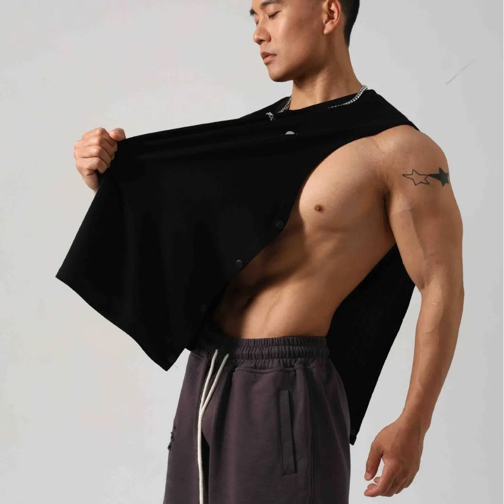Men's Korean style loose fitness vest with hidden side hooks in solid colour