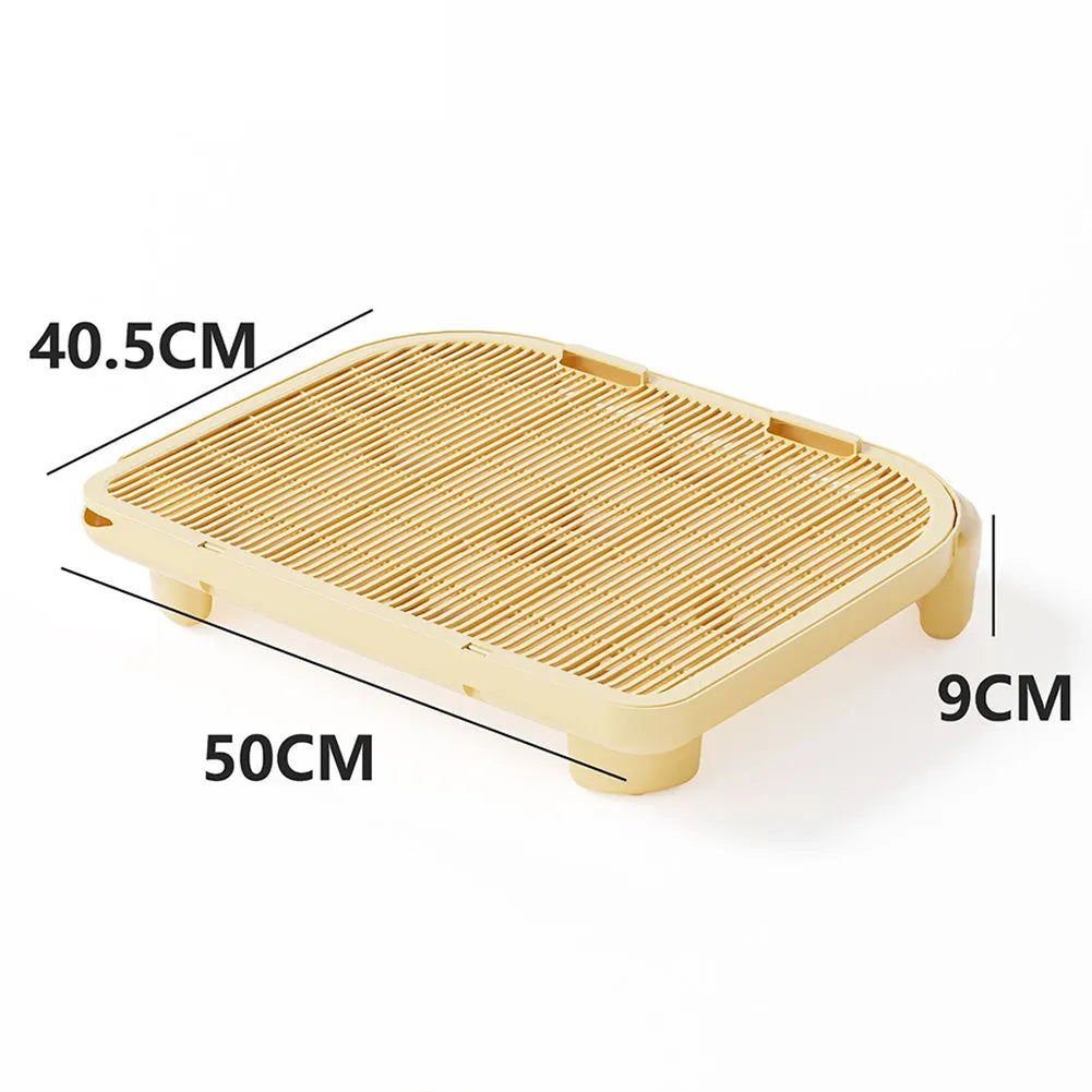 Oversized milk yellow plastic cat litter mat with anti-slip silicone feet on a hardwood floor
