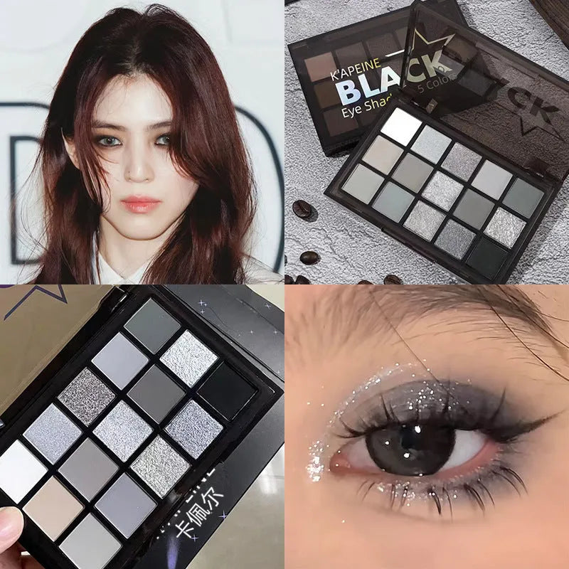 15 colour eyeshadow palette with matte and shimmer shades including cos grey, black, brown and blue tones
