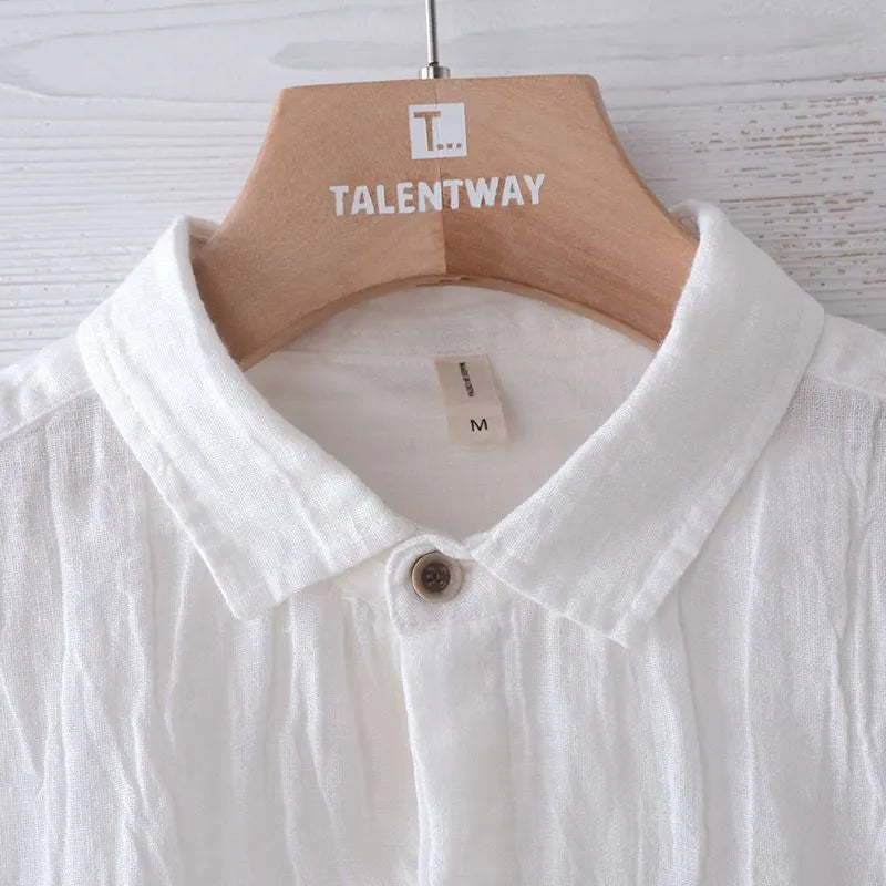 Men's solid colour retro distressed linen shirt in white with relaxed fit and button front