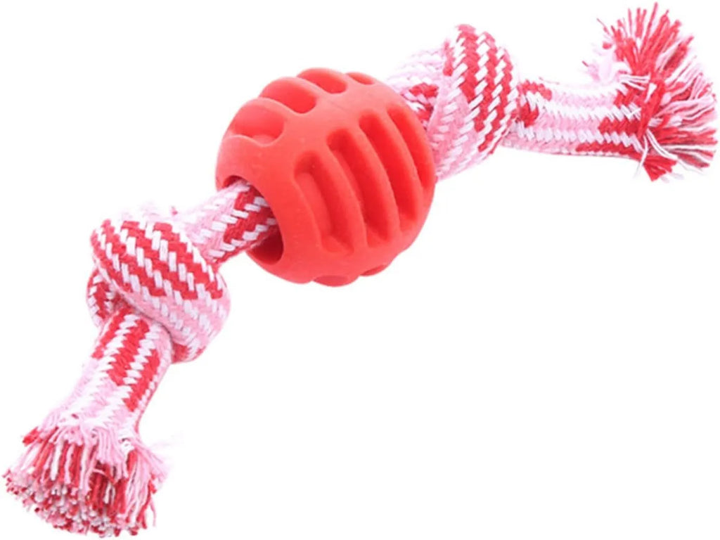 Blue silicone molar-ball dog chew toy with white rope ends on a wooden floor.