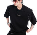 Women's black deconstruction short sleeve t-shirt with a white lace-up detail and front cutout.