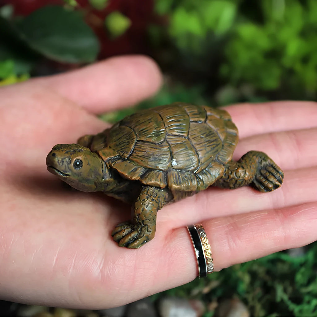 Small green and brown simulation turtle resin ornament for fairy garden and micro landscape decoration.