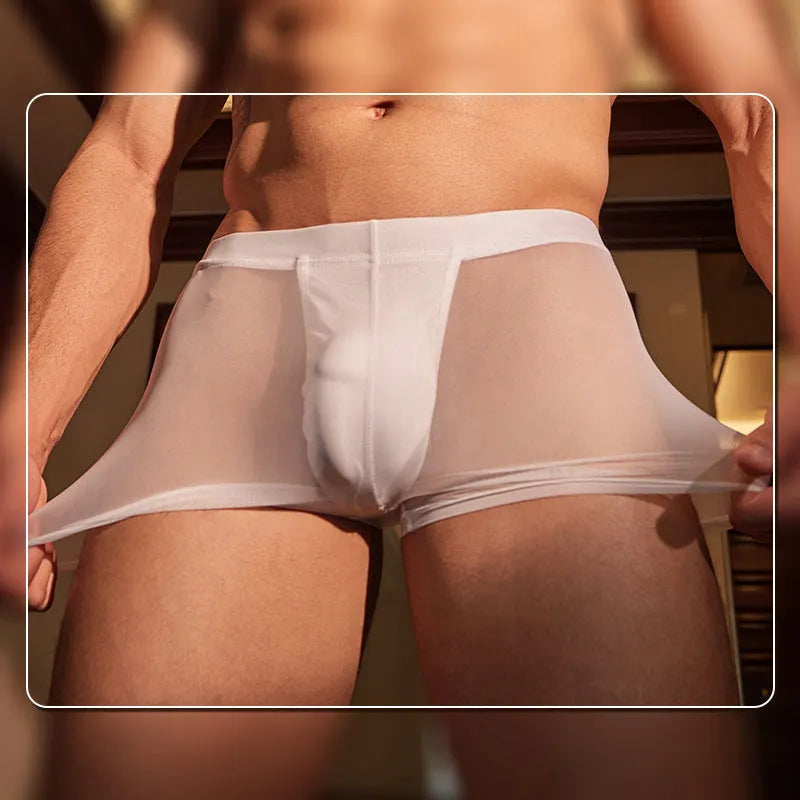 Men's black ultra-thin breathable boxer briefs made from nylon fabric, shown laid flat.
