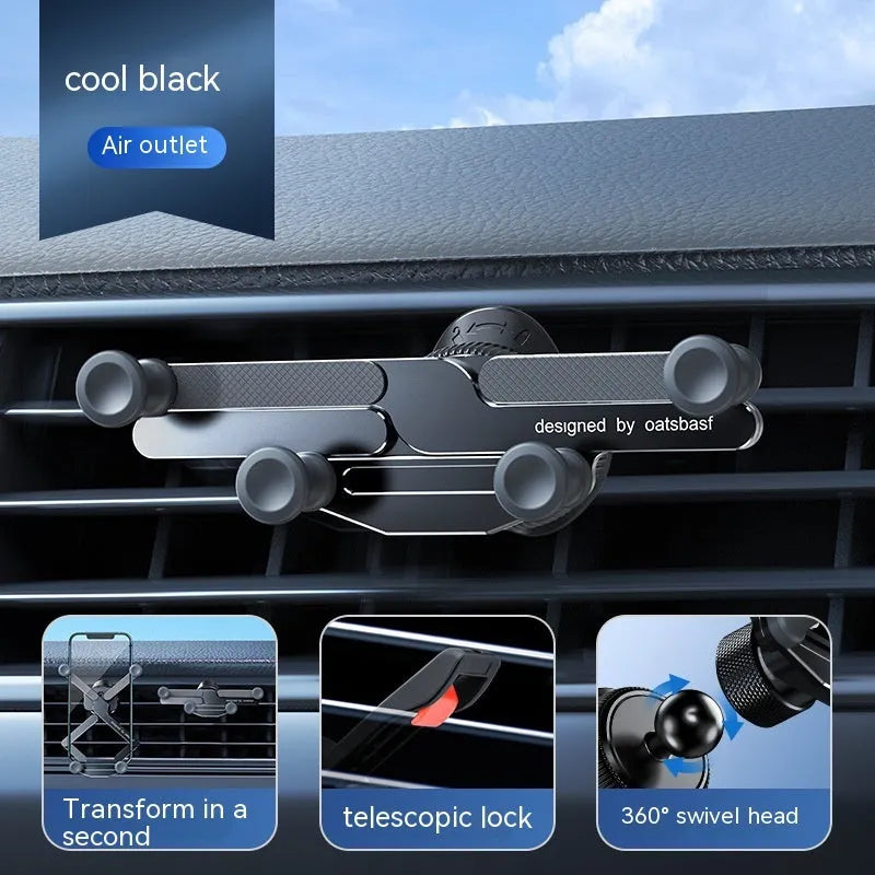 An invisible aluminium alloy phone holder for car air vents, shown in black.