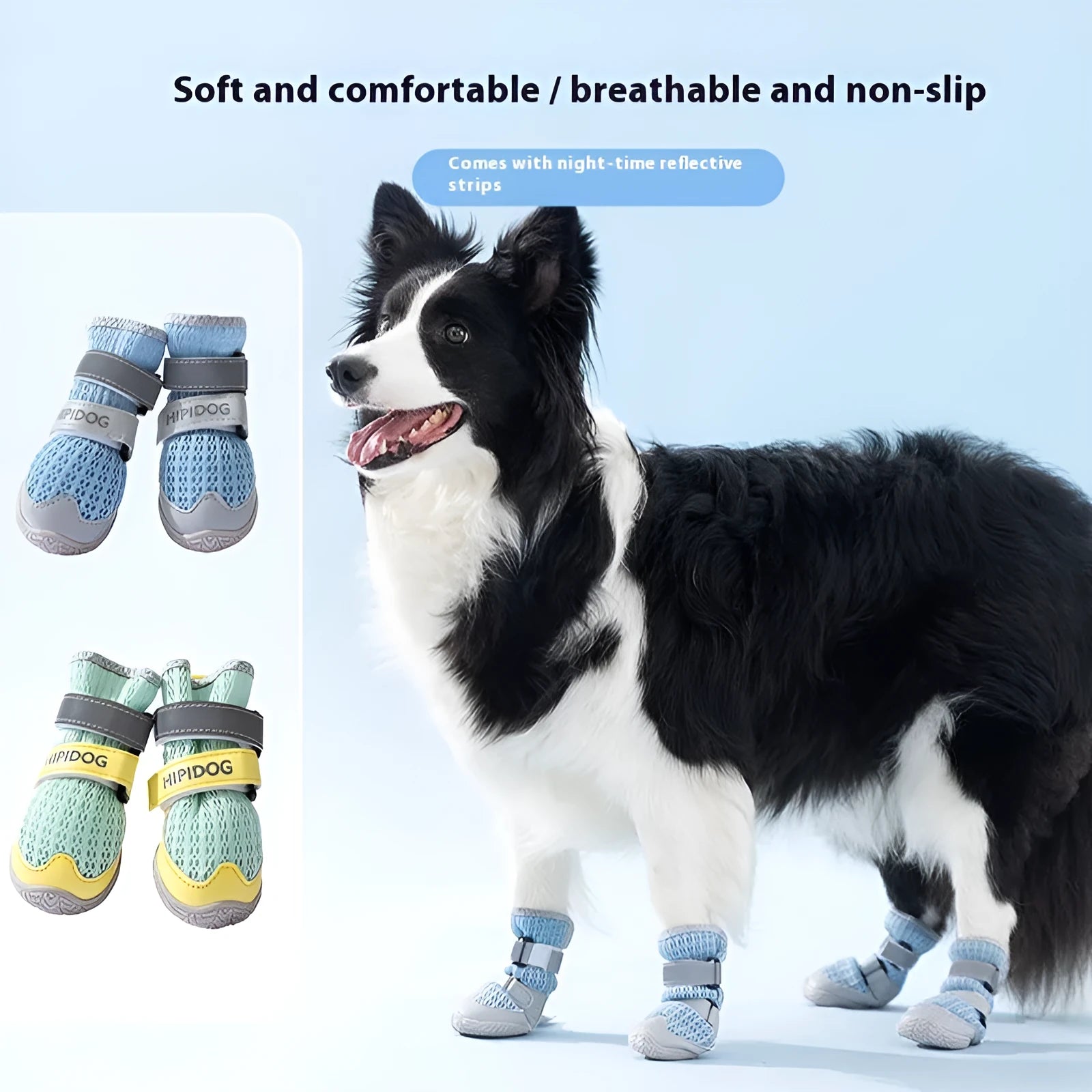 Pair of light blue cartoon-style dog shoes on a white background for summer paw protection.