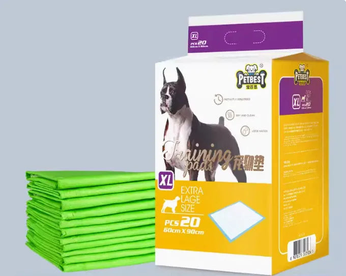 Pack of adhesive-backed dog urine pads showing size comparison between S, M, L and XL options