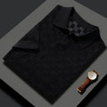Men's mulberry silk short sleeve lapel sweater in a solid colour with Jacquard knit texture.