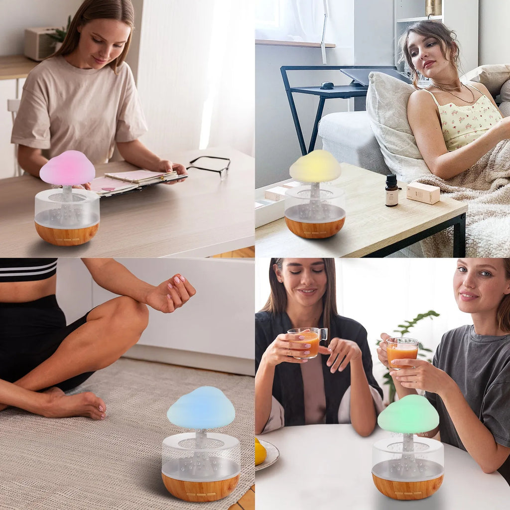 White cloud-shaped humidifier with night light and water flow display on wooden surface