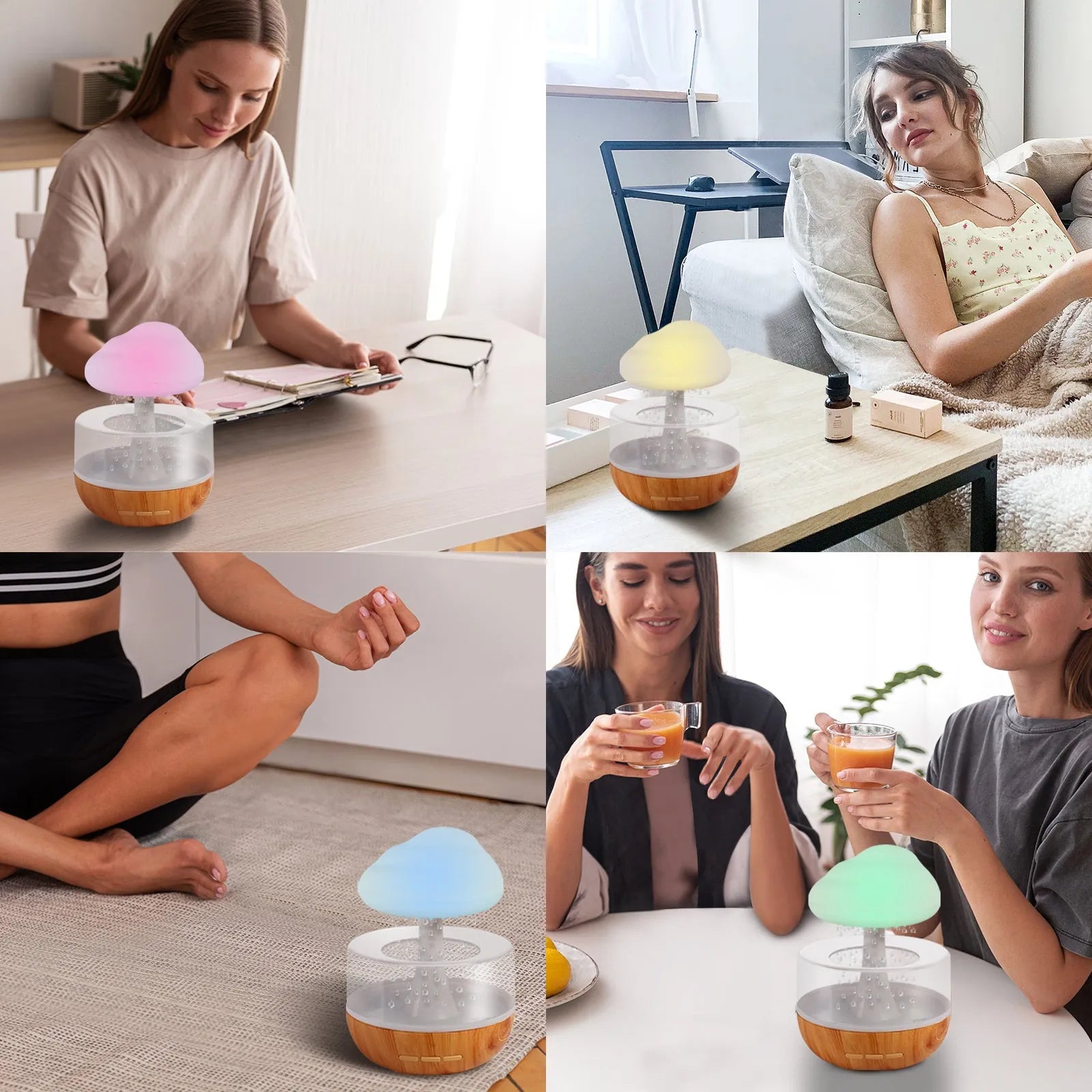 White cloud-shaped humidifier with night light and water flow display on wooden surface