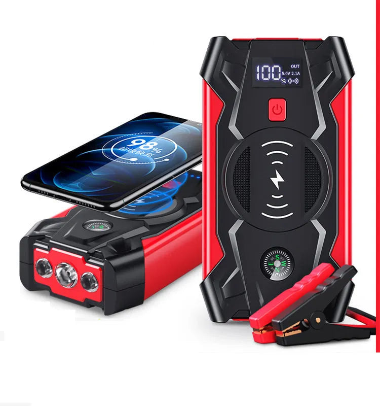 Red 12V car jump starter power bank with digital display and air compressor function