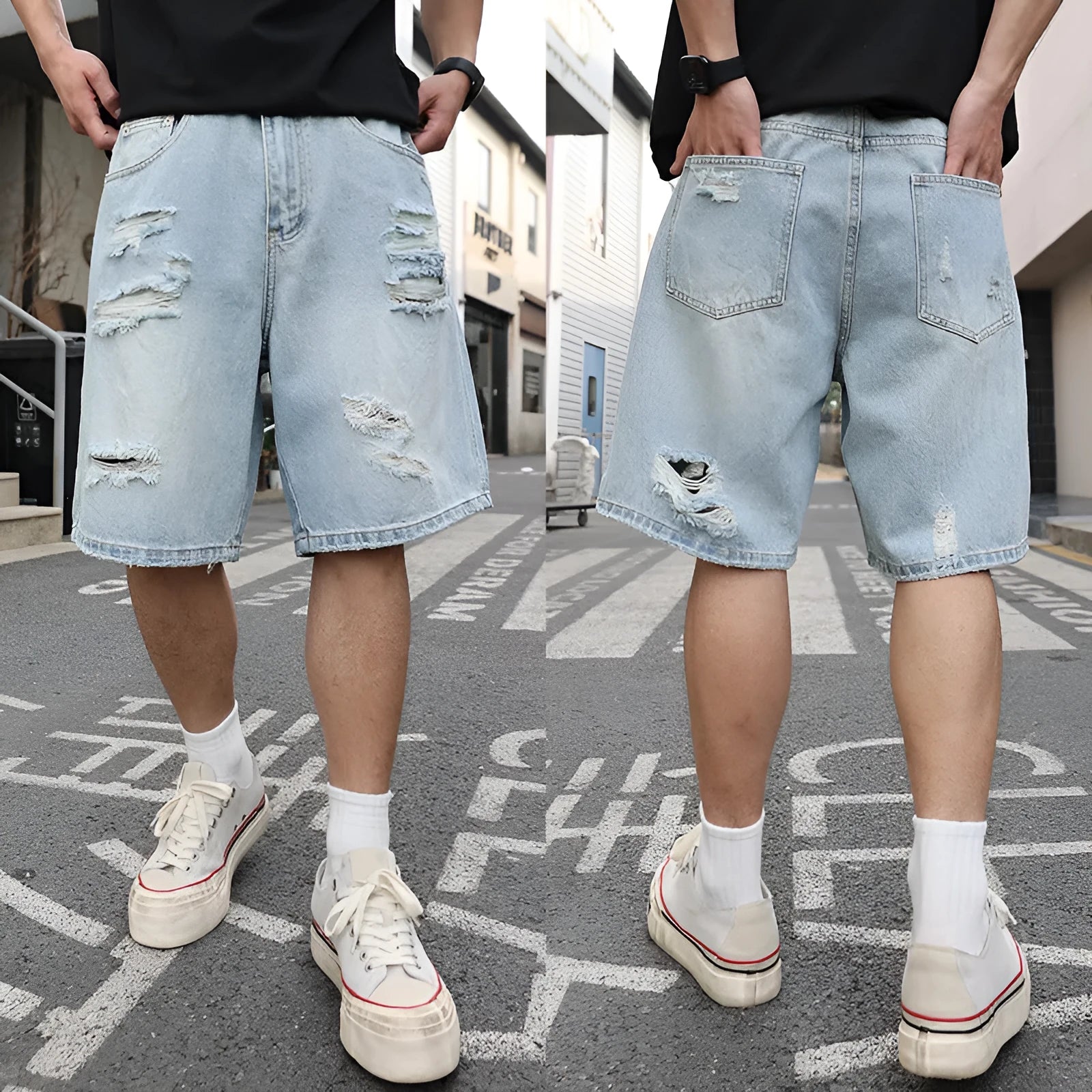 Light blue ripped denim shorts with distressed detailing and straight leg hip hop styling