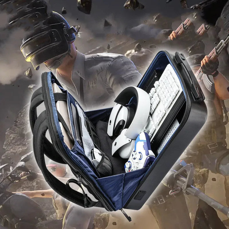 Large PC hard shell gaming backpack in titanium gold silver colour with double shoulder straps and organisational pockets