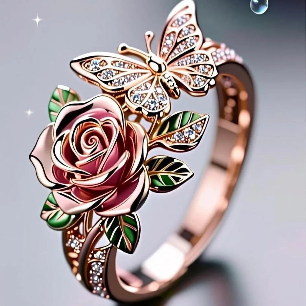 Colourful oil-drip finish butterfly personality ring with rose, insect, and leaf motifs on adjustable alloy band.
