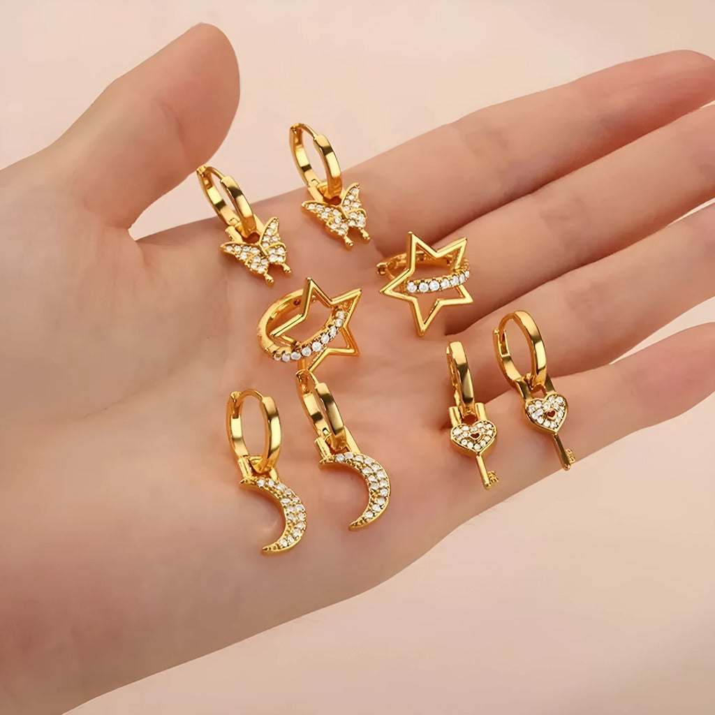 Women's copper butterfly earrings with irregular geometric heart and star designs in multiple colours